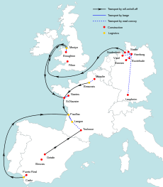 Diagram showing flow of aircraft part in western Europe. Land is white, sea is pale blue