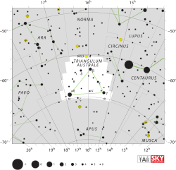 Diagram showing star positions and boundaries of the Triangulum Australe constellation and its surroundings