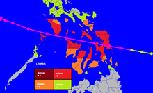 Political map showing some provinces in the central Philippines highlighted in accordance with the highest Public Storm Warning Signals that were issued for them during the passage of Utor. The path that the typhoon took is superimposed on the map.