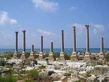 Ruins of columns near the sea.
