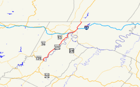 A map of Allegany County, Maryland showing major roads. U.S. 220 runs the length of the county from the West Virginia state line at McCoole to the Pennsylvania state line north of Cumberland.