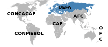 A map of the world. The blue area, marked "UEFA", covers continental Europe, the British Isles, Iceland, and parts of Northern Asia and the Middle East.