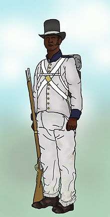 A drawing of a soldier with a musket, wearing a light coloured uniform with dark facings, a white crossbelts, a hat and a pack
