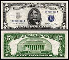 $5 Silver Certificate, Series 1953, Fr.1655, depicting Abraham Lincoln
