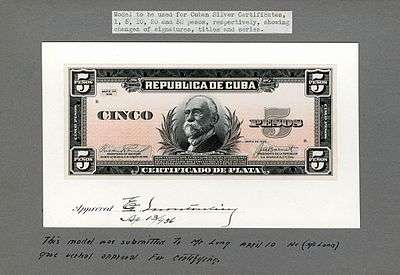 Gómez depicted on the artist/progress proof designed by the Bureau of Engraving and Printing for Cuban silver certificates (1936).