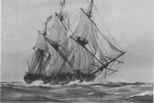A black-and-white photograph of a painting of a three masted ship, its sails full of wind