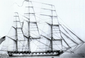A drawing of a ship's sails. The ship has 3 masts in which all sails are set and full of wind. The bow of the ship is pointed to right of the frame.