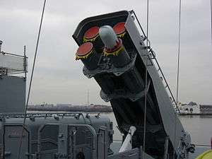 A large gray box mounted on a platform, tipped at a roughly 45-degree angle facing the camera. A missile is sticking out from the front of the canister.