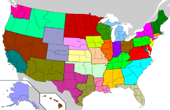 United States map showing each of the 32 Latin Church provinces