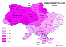 Oblast map of Ukraine, colour-coded by Batkivshchyna vote