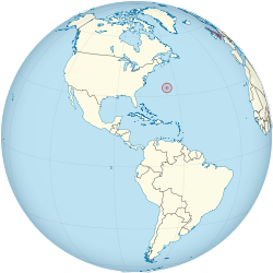 Location of  Bermuda  (circled in red)in the Atlantic Ocean  (blue)