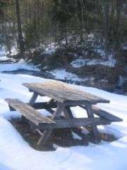 A wooden picnic table in the snow, with a small stream and bare and conifer trees in the background