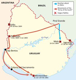 Uruguay with lines drawn down the western and southwestern side of the country, a short arrow in the northeast, and another line bisecting the country from east to west