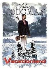 Tour poster designed by comic book artist Adam Hughes featuring humorist John Hodgman amid cairns.