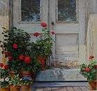 beautiful oil of old porch with 2 windowed doors, reflecting sky, with many geranium flowers, other plants tinged in sunlight surrounding them