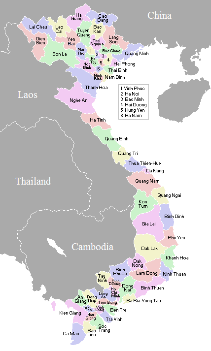 A clickable map of Vietnam exhibiting its provinces.