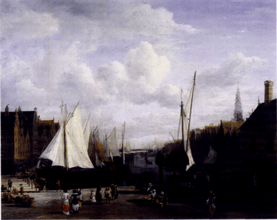 Painting of a city scene with a river