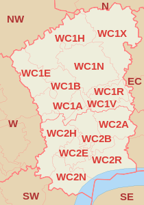WC postcode area map, showing postcode districts, post towns and neighbouring postcode areas.