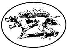 A black-and-white stylized drawing of a hunting dog, nose poked out to the left of the image, tail erect and behind the dog, with a group of trees in the background.