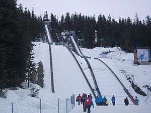 Two snow-covered ski jumps, surrounded by evergreen trees.