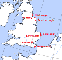 A map of England, with towns bombarded during the war marked. All are in the east.