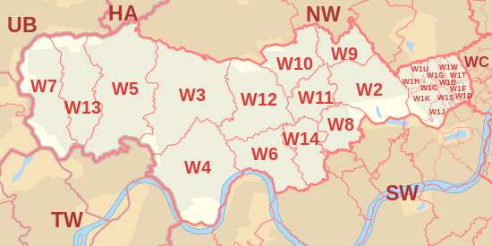 W postcode area map, showing postcode districts, post towns and neighbouring postcode areas.