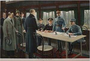 Painting of the Armistice at the end of World War I. Captain Marriott is fourth from the left.