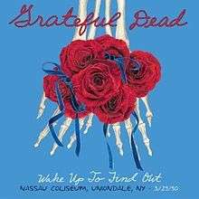 Skeleton hands holding red roses with blue ribbons