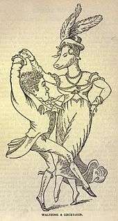 A short, elegantly dressed man dances with a much taller woman with a pig's head