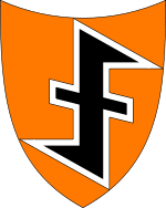 An orange shield with a black wolfsangel