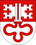 Per fess gules and argent, a key paleways with two shafts counterchanged