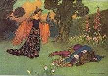 Illustration of the fairy tale "Beauty and the Beast". The princess is standing alongside the "beast", who is lying on the ground.