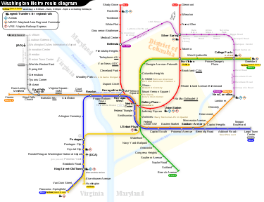 The published system map has every line drawn in its own distinct color. All stations are marked and labeled by name. The map is drawn for clarity and simplicity, not to scale by actual distances and exact relative station locations. There are transfer stations marked where lines cross each other.