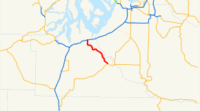 A map of the Olympia area featuring SR 510 highlighted in red following the Pierce–Thurston county line (the Nisqually River) from Lacey (I-5) to Yelm (SR 507).