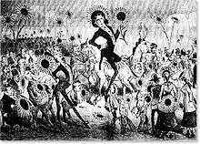 A Satirical cartoon shows a dandy figure, fancily dressed in a long coat and breeches, floating across the crowd in a tightly packed ballroom.