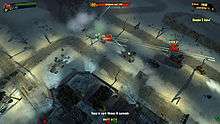 Multiple cars with mounted machine guns are shown firing at each other from a top-down perspective.