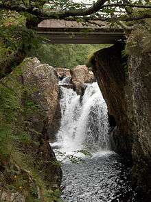Waterfall, River Nevis. View under the road bridge at Polldubh.