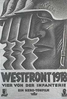 Black-and-white movie poster featuring a stylized illustration of the profiled head of a helmeted man on the right, facing left. Behind him, and progressively to the left, are the front parts of three more such profiles, with nearly identical helmet tips, noses, lips, and chins. The title below is followed by the line "Vier von der Infanterie".