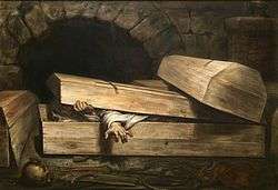 A wooden coffin in a stone vault being opened by a shrouded figure inside.