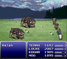 A battle scene, with four of the heroes on the right and two larger four-footed monsters on the left. The figures are displayed on a green field with mountains in the background, and the names and status of the figures is displayed in blue boxes in the bottom third of the screen.