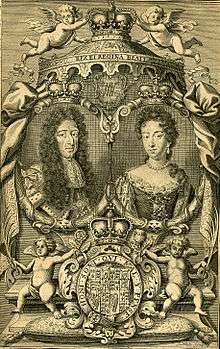 Engraving depicting the king, queen, throne, and arms