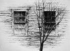  graphite drawing of multi paned side by side windows on old white clapboard house with peeling paint, with barren tree branches in front