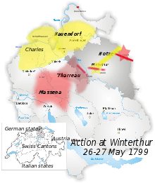 Outline map of northern Switzerland, showing location of armies in relation to one another; the French army is more than half encircled by the Austrians.
