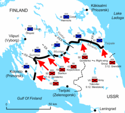 Diagram of the Karelian Isthmus battle illustrates the positions of the Soviet and Finnish troops. The Red Army penetrated dozens of kilometers into Finnish territory, but stopped at the Mannerheim Line.