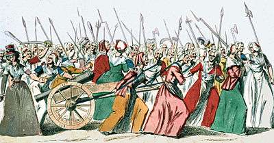 An engraving showing women armed with pikes and other weapons marching