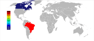 Grey and white world map with Brazil colored red representing 90% of niobium world production and Canada colored in dark blue representing 5% of niobium world production