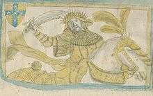 Wulfric seated on a horse, wielding a sword and clad in mail