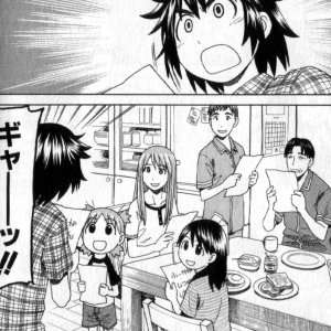 A page from the manga. In the top panel, a dark-haired girl looks shocked. The next panel shows the same girl with a group of three other girls, and a middle-aged couple seated for breakfast. Each holds a piece of paper.