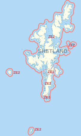 ZE postcode area map, showing postcode districts and the post town.
