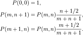 
\begin{align}
 P(0, 0) &= 1, \\
 P(m, n+1) &= P(m,n)\dfrac{n + 1/2}{m + n + 1}, \\
 P(m+1, n) &= P(m,n)\dfrac{m + 1/2}{m + n + 1}.
\end{align}
